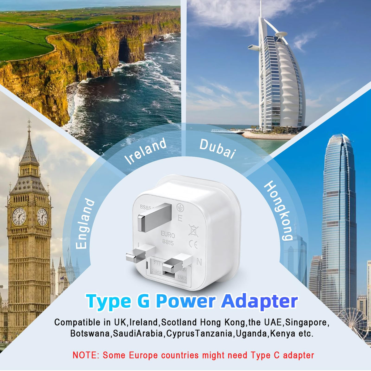European to UK Plug Adapter US to UK Power Adaptor,US to UK Travel Adapter,13A 250V World Global Appliance Converter for the Visitor from USA, EU, Australia, Thailand, Canada, Japan,China.