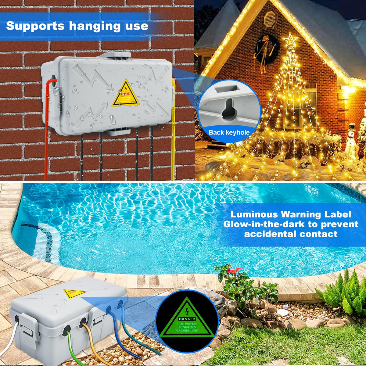 Hrensaw Medium Outdoor Electrical Box(10.6x5.5x4.5inch),Weatherproof Connection Box w/6 Cable Entry,IP54 Waterproof Extension Cord Cover Protect Power Strip,Timer,Plug,Holiday Lights,Black