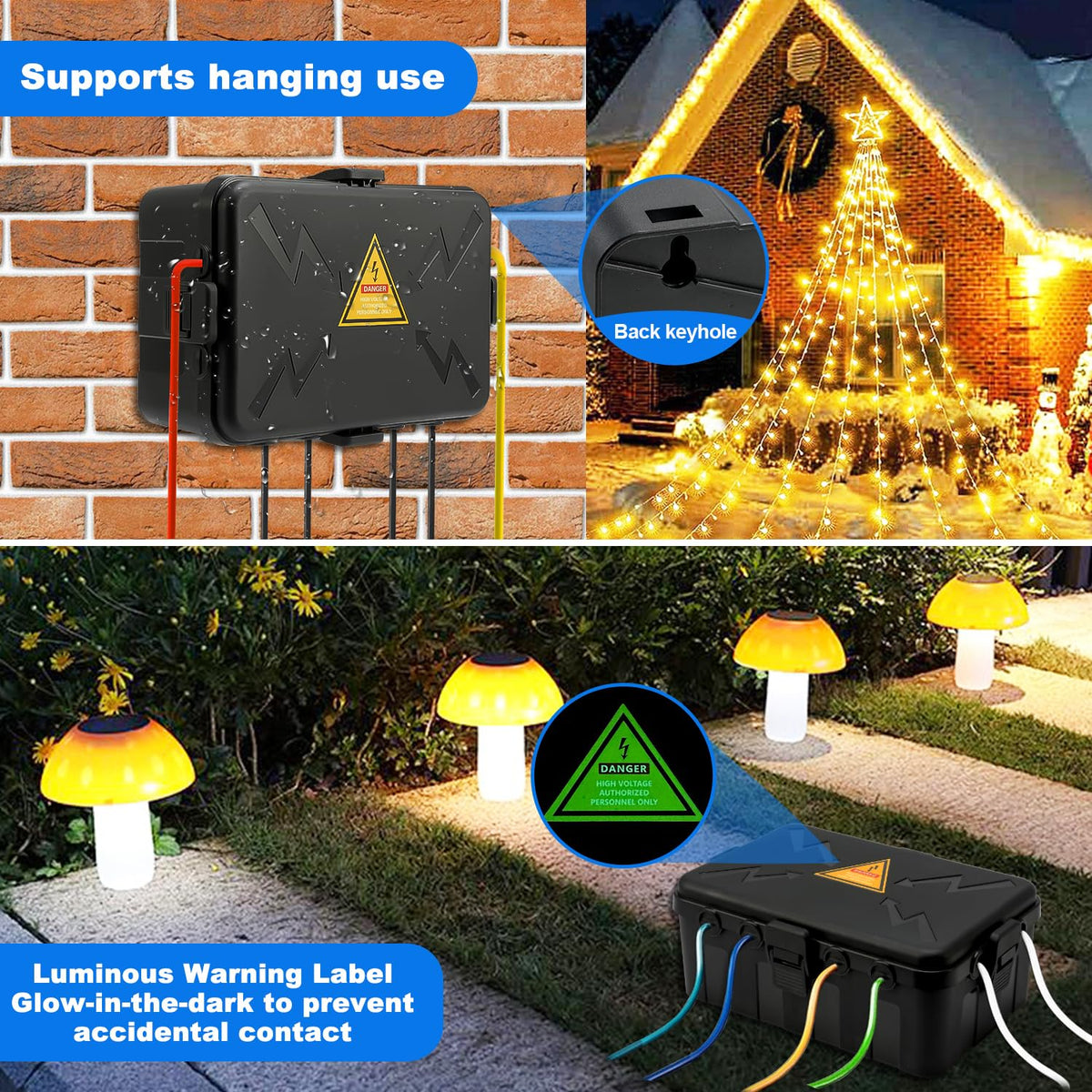 Hrensaw Medium Outdoor Electrical Box(10.6x5.5x4.5inch),Weatherproof Connection Box w/6 Cable Entry,IP54 Waterproof Extension Cord Cover Protect Power Strip,Timer,Plug,Holiday Lights,Black