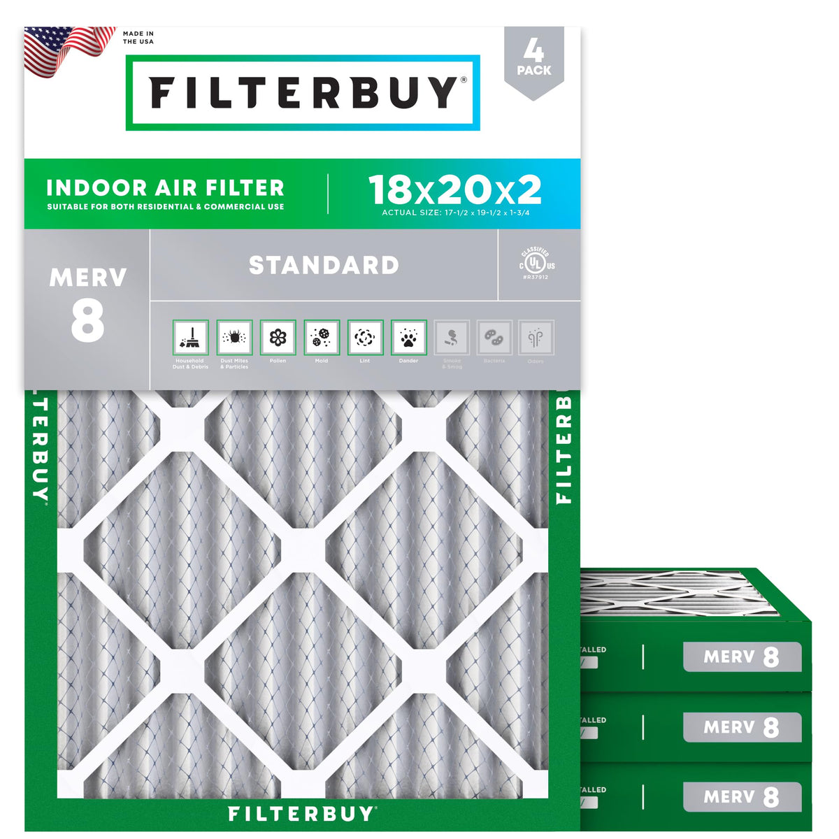 Filterbuy 20x20x1 Air Filter MERV 8 Dust & Allergy Defense (4-Pack)