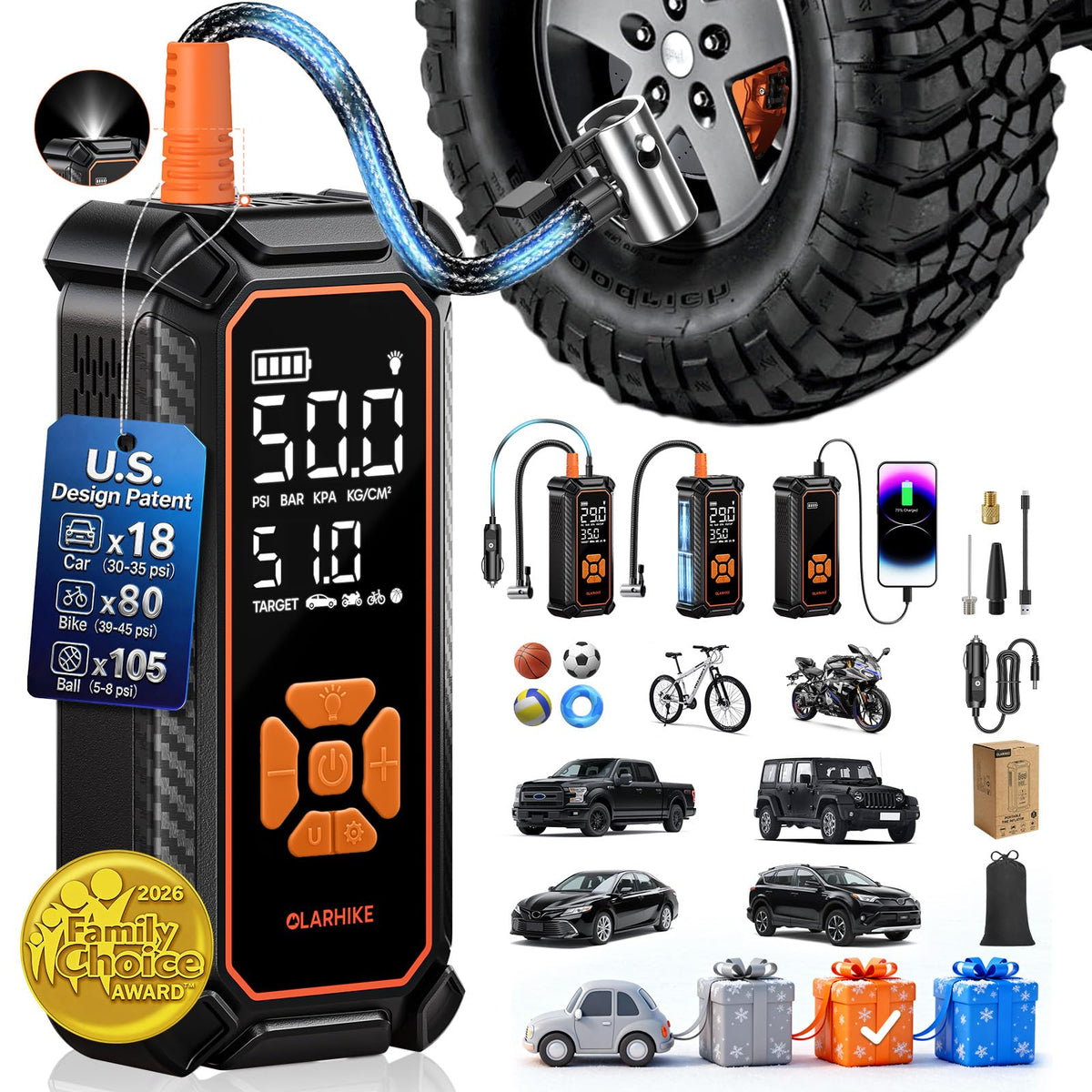 OlarHike Tire Inflator Portable Air Compressor,Dual Power-3*2500mAh &12V DC