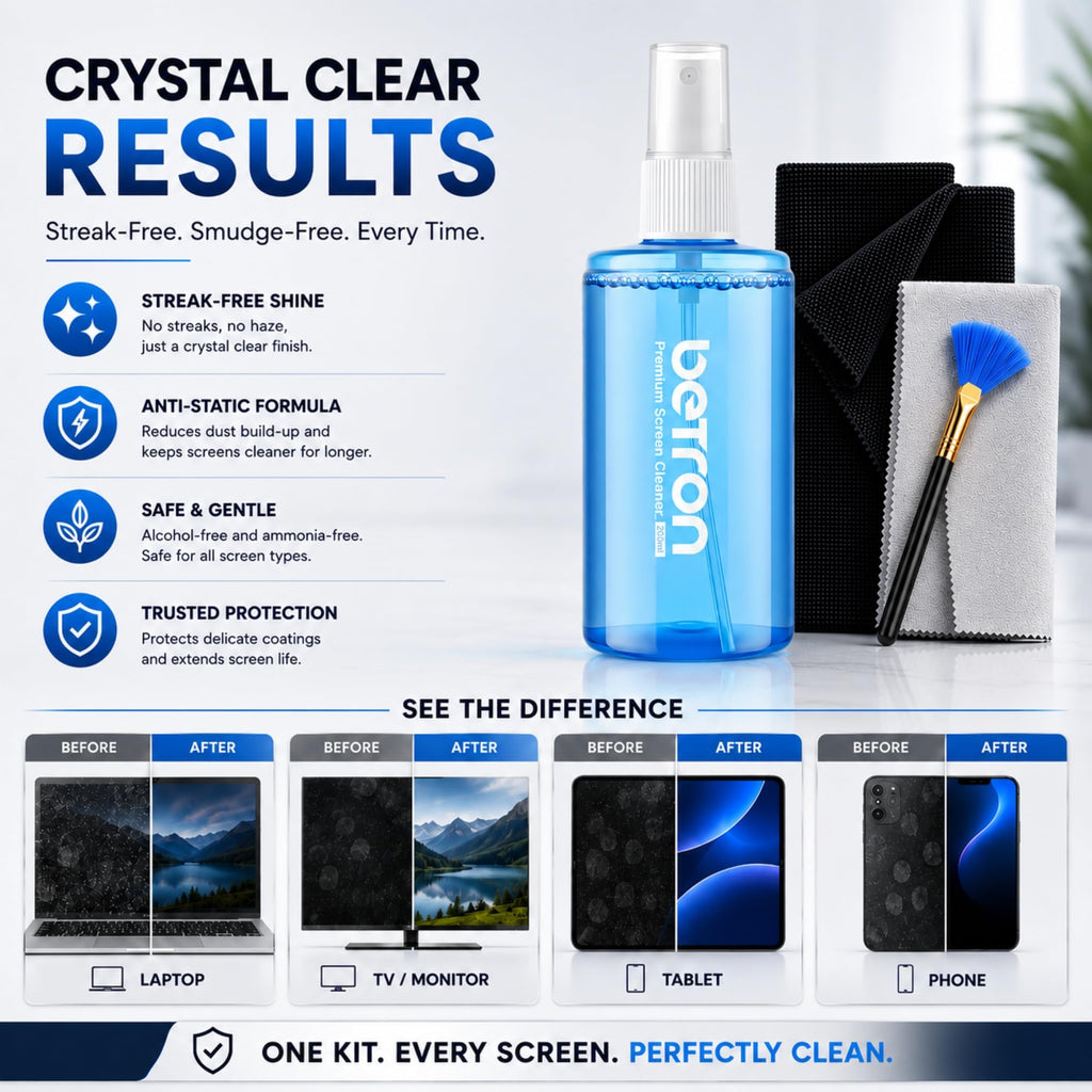 Betron Screen Cleaner Spray Kit with Cloth for TV, Laptop, Monitor, 500ml