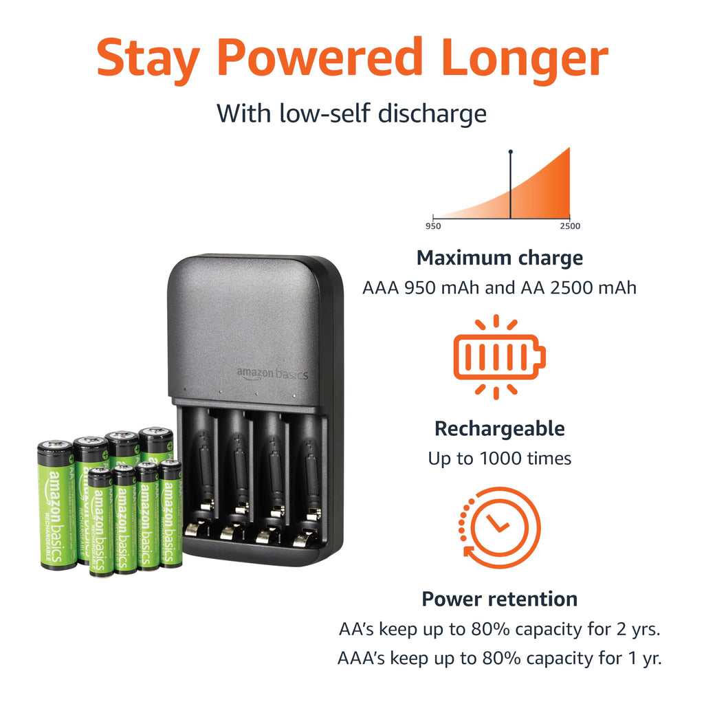 Amazon Basics Battery Charger for Rechargeable AA and AAA NiMh Batteries – UK Plug, 4-Bay, Black