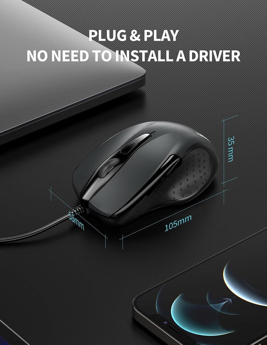 TECKNET USB Wired Mouse,6400 DPI Optical,6-Button Ergonomic Computer Mouse