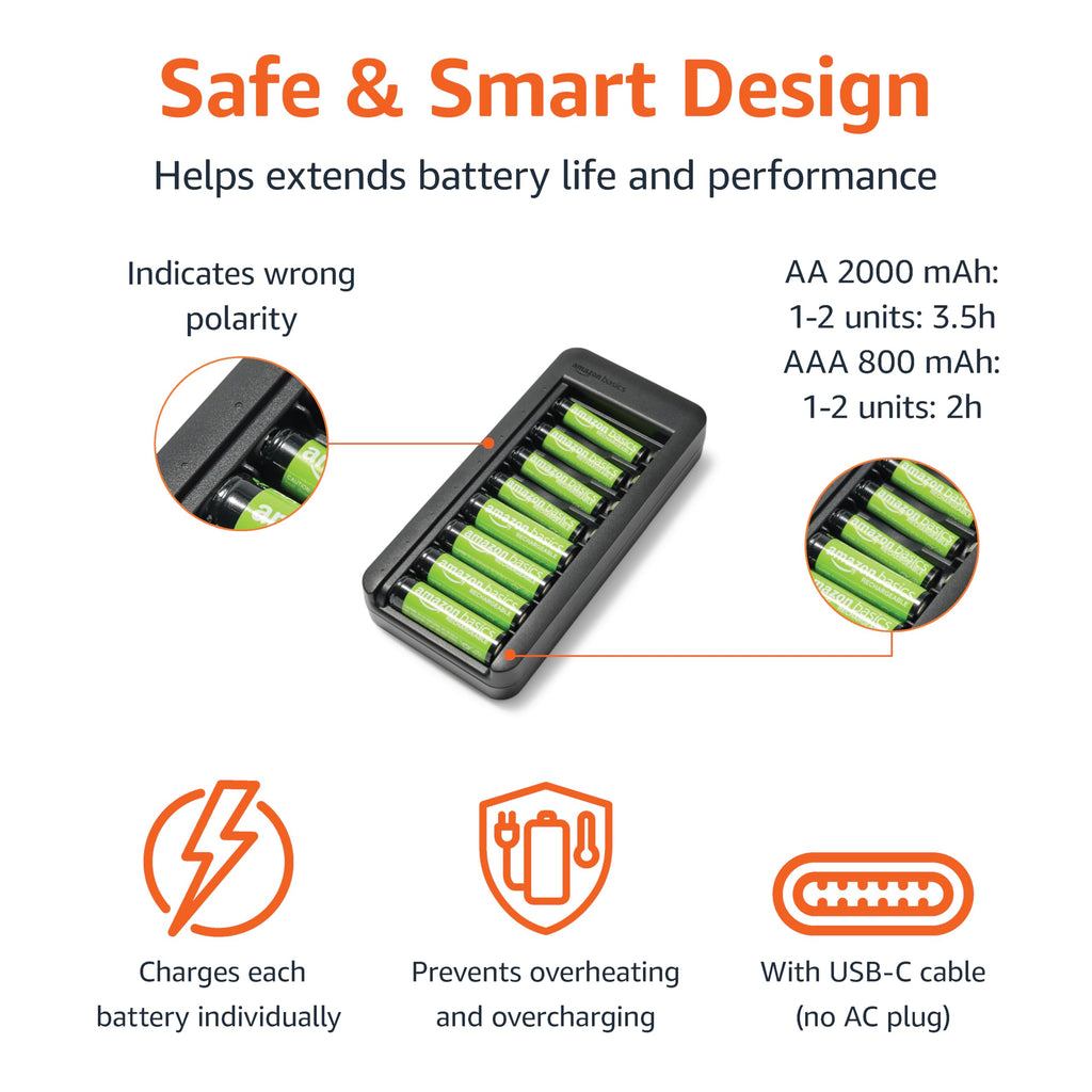 Amazon Basics Battery Charger for Rechargeable AA and AAA NiMh Batteries – UK Plug, 4-Bay, Black