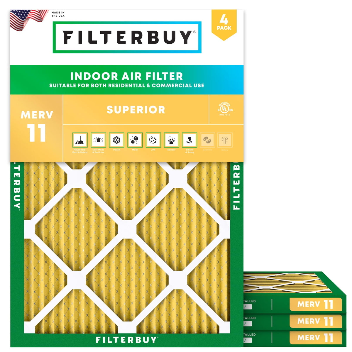 Filterbuy 16x20x1 Air Filter MERV 11 Pet & Allergy Defense (4-Pack)