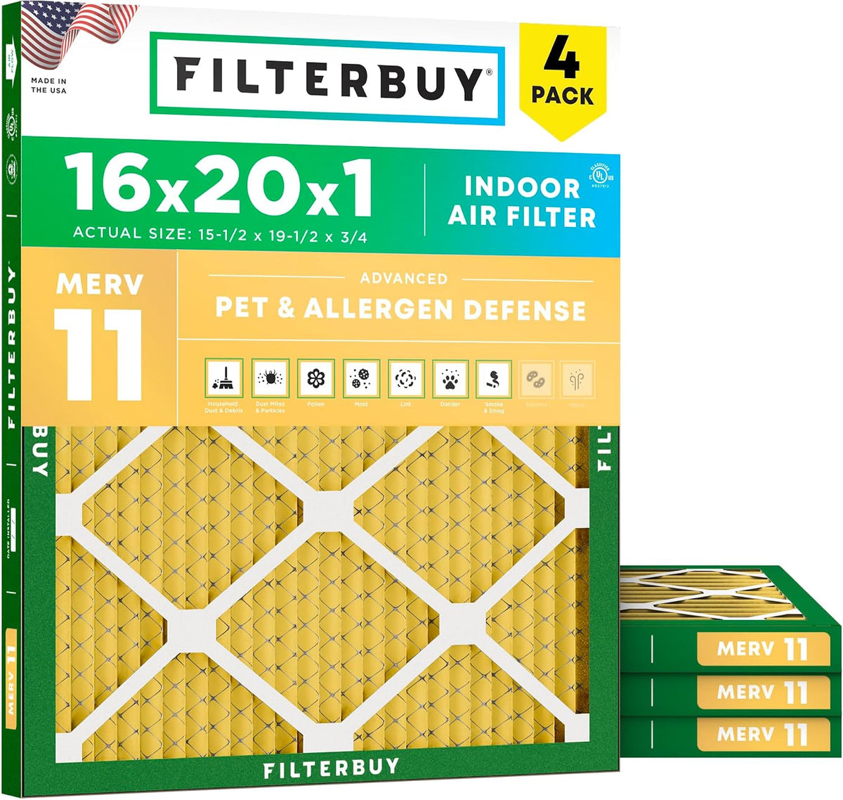 Filterbuy 16x20x1 Air Filter MERV 11 Pet & Allergy Defense (4-Pack)