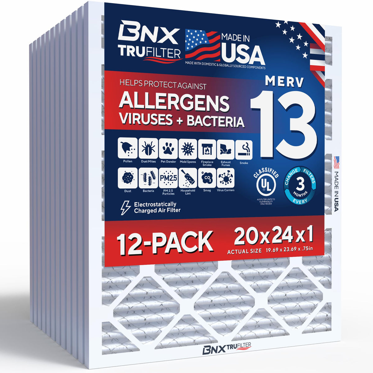 BNX TruFilter 20x20x1 Air Filter MERV 13 Smoke, Allergy, Pet Defense 6-Pack