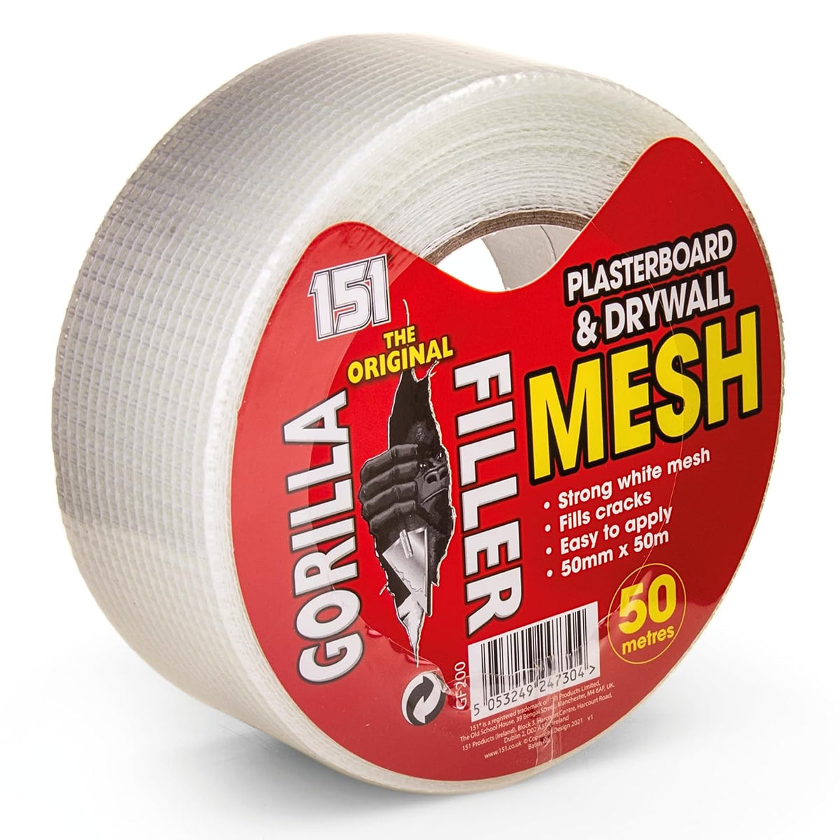 Gorilla Filler Plasterboard & Drywall Mesh Tape | Fills Cracks - Easy to Apply (Self Adhesive) | 50mm x 50m (White, 50m)