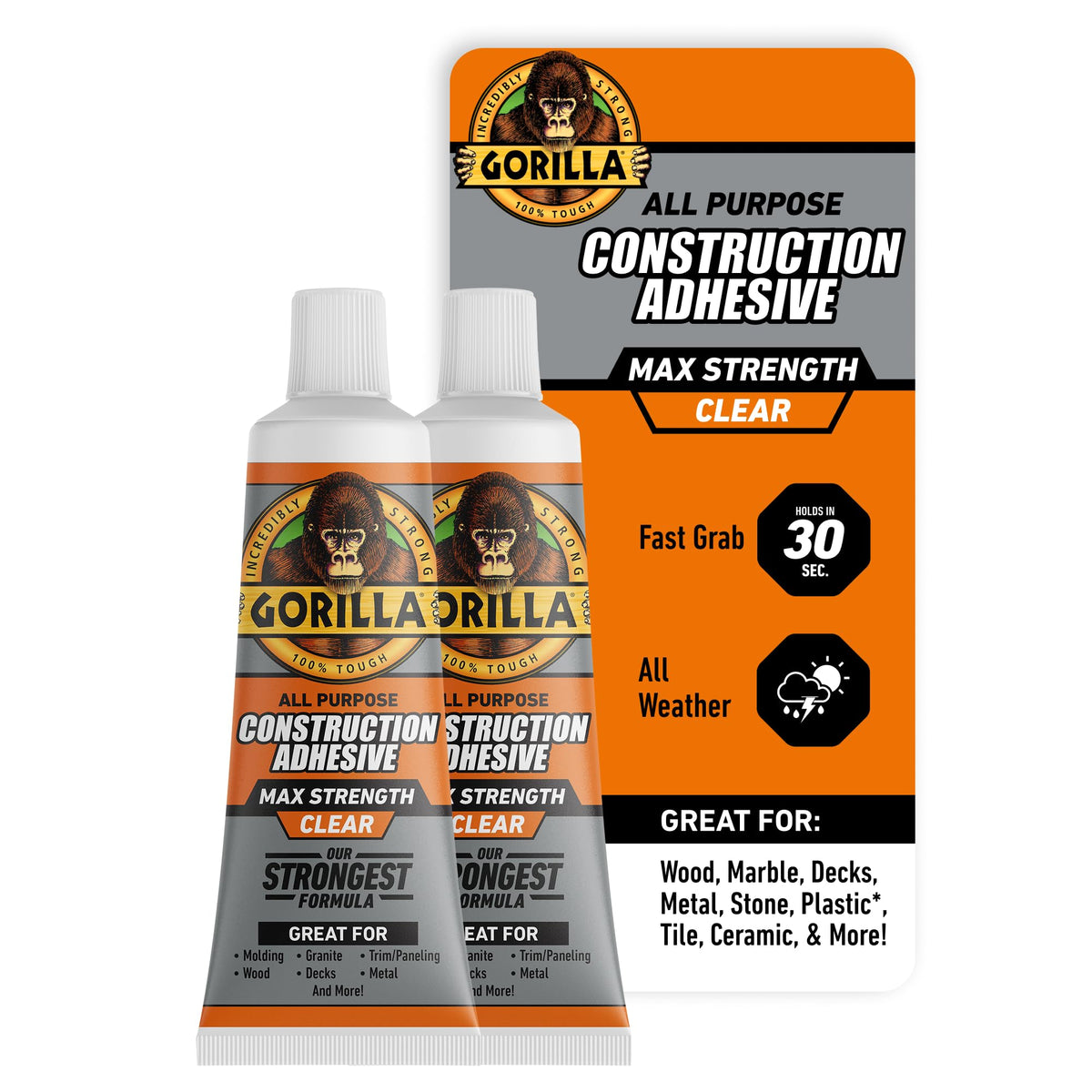 Gorilla Max Strength Construction Adhesive, Clear, 2.5 oz