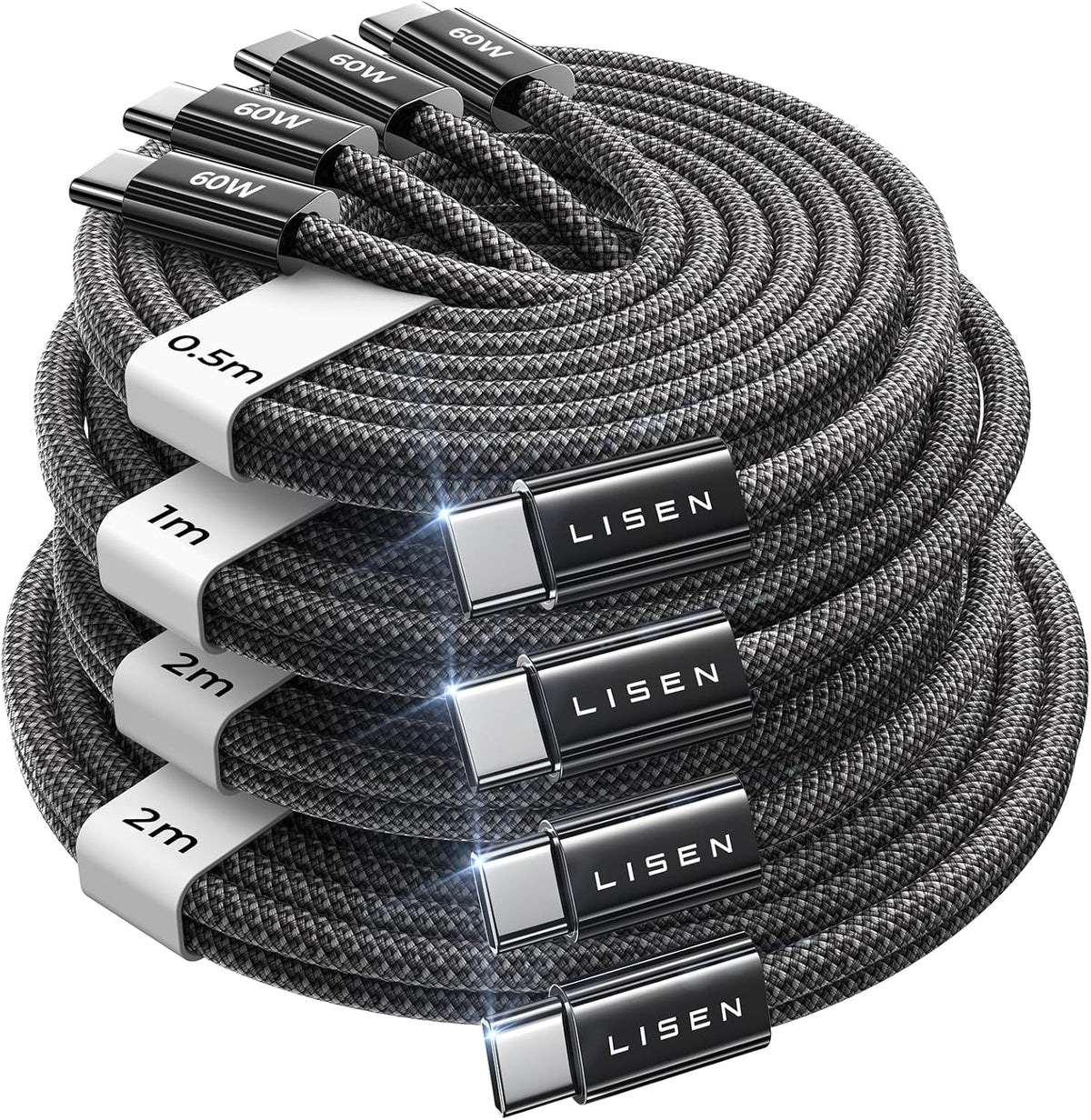 LISEN USB C to USB C Cable Charger 60W 4-Pack [0.5/1/2/2M] USBC to USBC