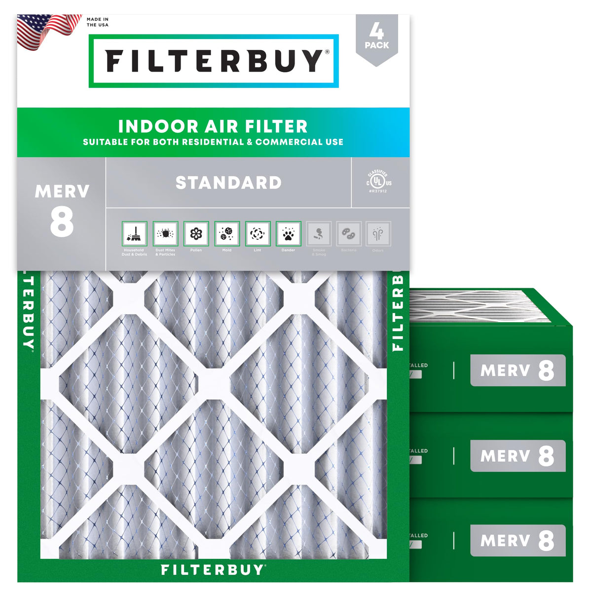 Filterbuy 20x20x1 Air Filter MERV 8 Dust & Allergy Defense (4-Pack)