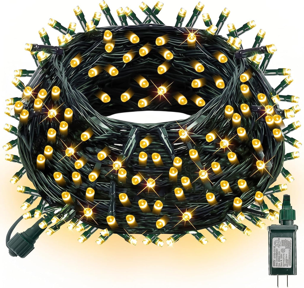 Dazzle Bright 300 LED Christmas String Lights, 100 FT Connectable Waterproof String Lights Green Wire with 8 Modes, Christmas Decorations for Indoor Outdoor Xmas Party Yard Garden (Warm White)