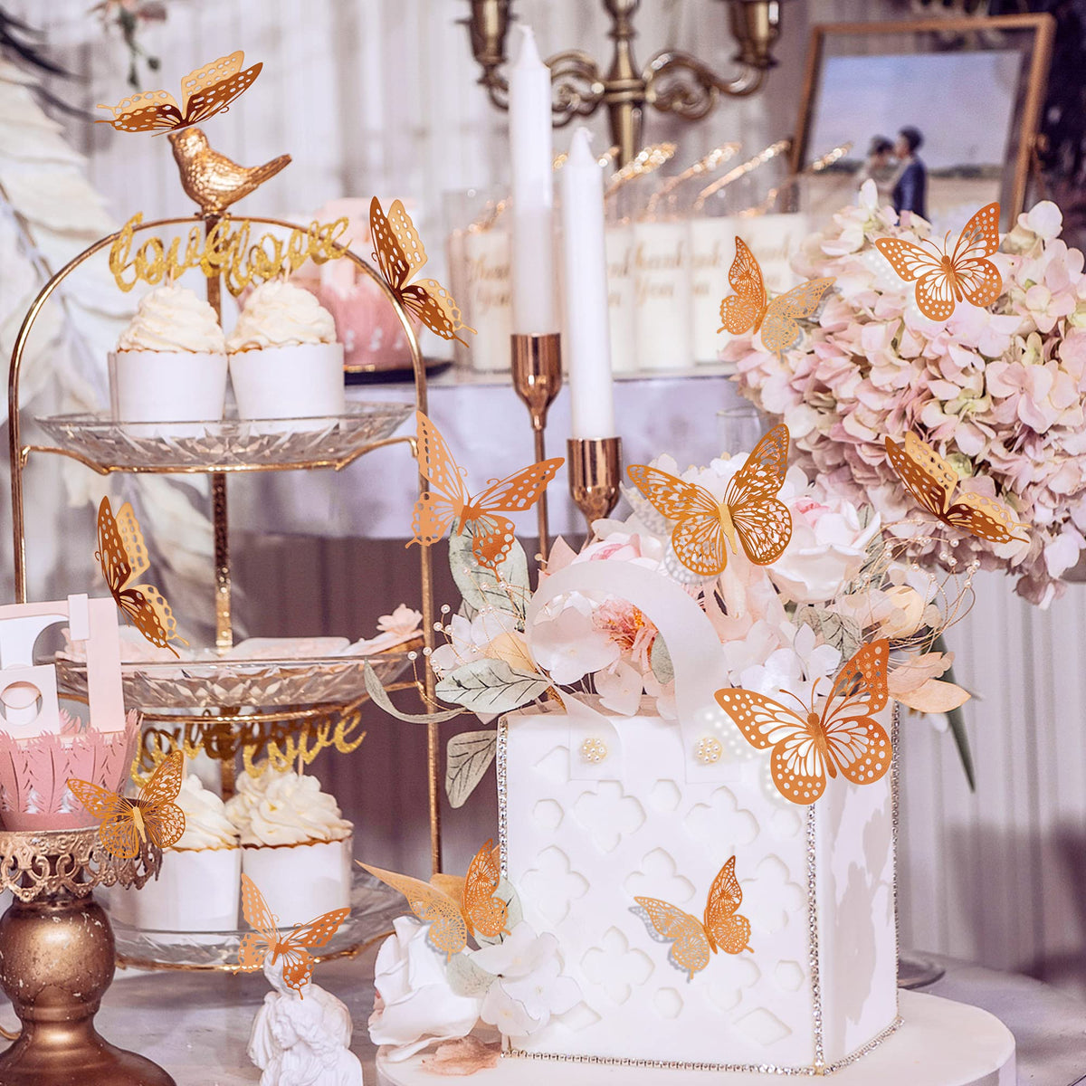 SAOROPEB 3D Butterfly Wall Decor 48 Pcs Gold Butterfly Birthday Decorations
