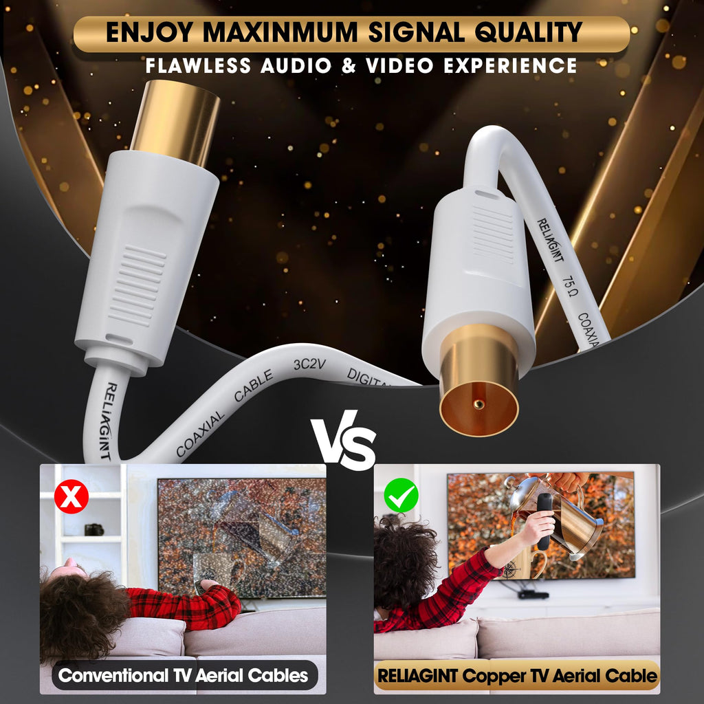 TV Aerial Cable 10m, 75 Ohm Coaxial Lead, IEC 9.5mm Male to Male 3C2V Pure Copper Dual Shielded, Right-Angle Connector, Female to Female Adaptor Included, Black