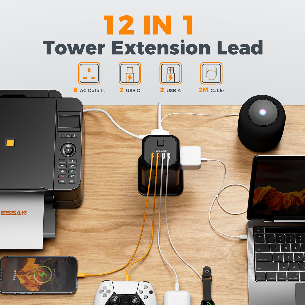 TESSAN 8 Way Tower Extension Lead 2M with 4 USB Slots (2 USB C)
