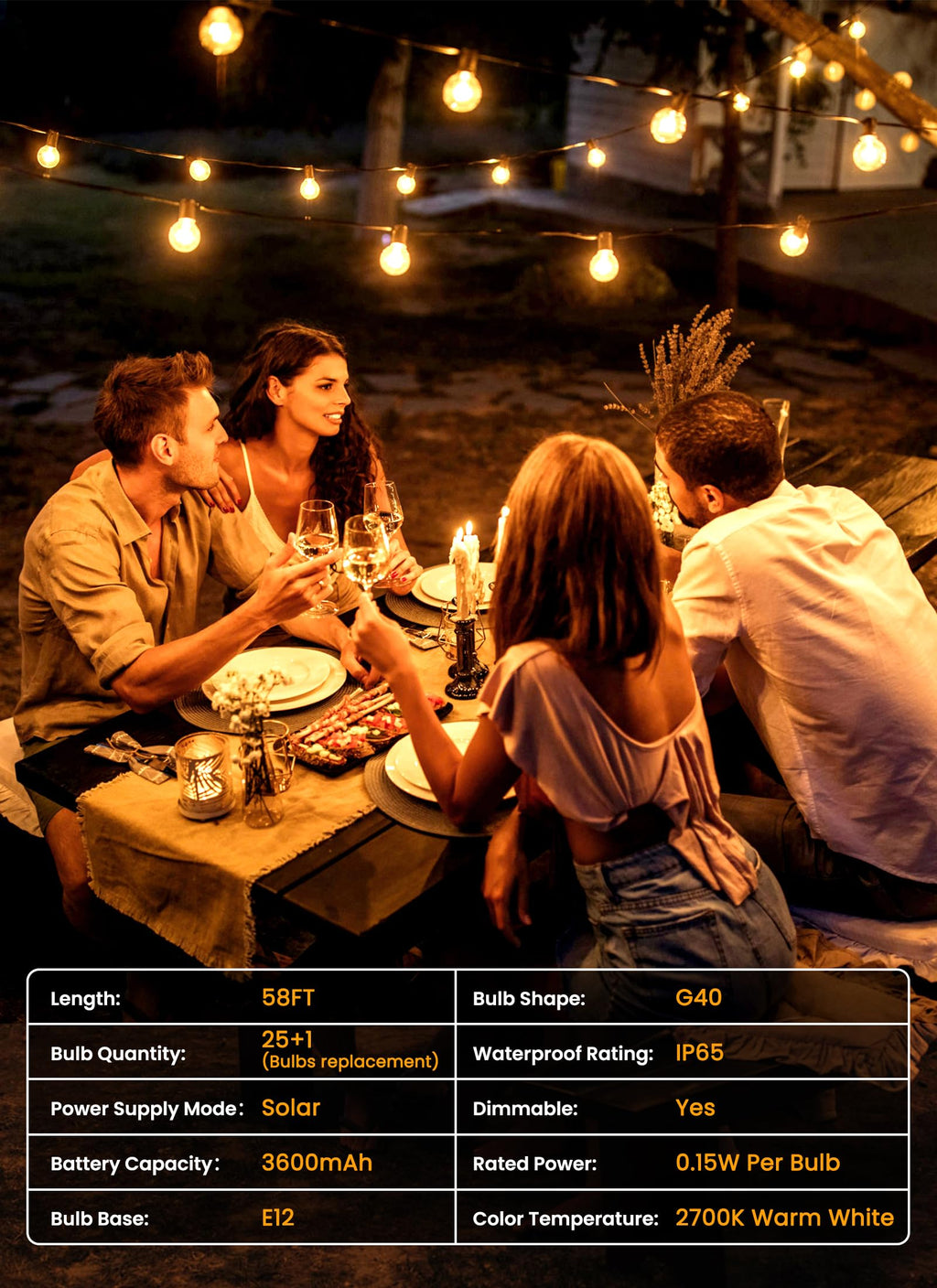 Brightown 52FT Solar String Lights Outdoor Waterproof, Last 30+ Hrs Runtime