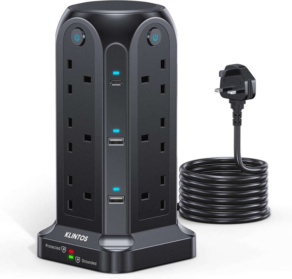 Tower Extension Lead 2M, 12 Way, 6 USB, 4 Independent Switches