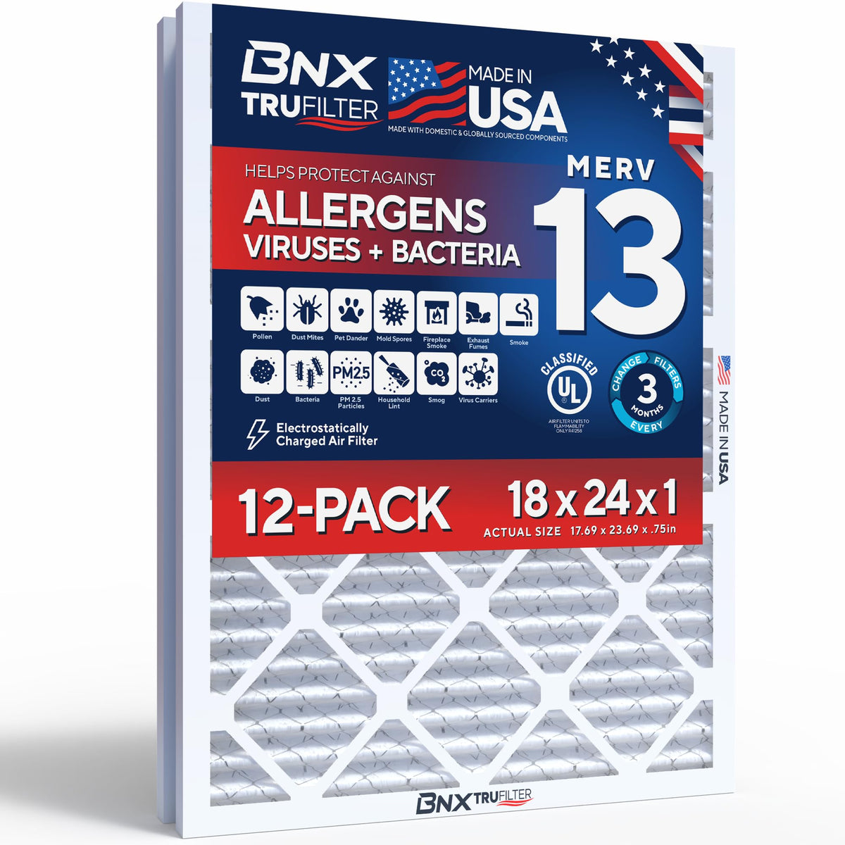 BNX TruFilter 20x20x1 Air Filter MERV 13 Smoke, Allergy, Pet Defense 6-Pack