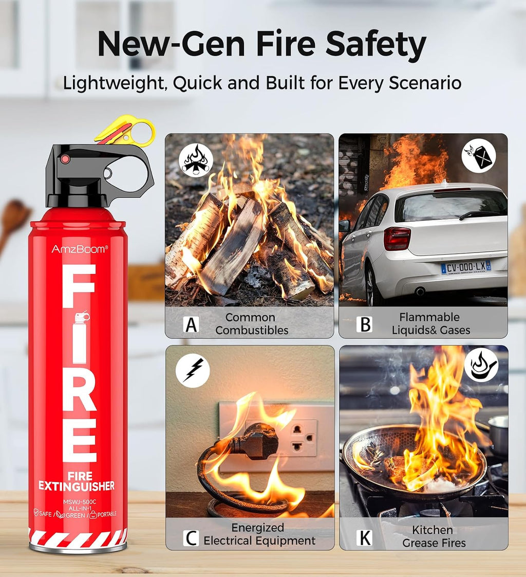 AmzBoom 2-Pack Fire Extinguisher for Home, Kitchen, Car, and Grill with Mounting Bracket– Extinguishing Spray, Compact A, B, C, K – Eco-Friendly, Prevents Reignition.