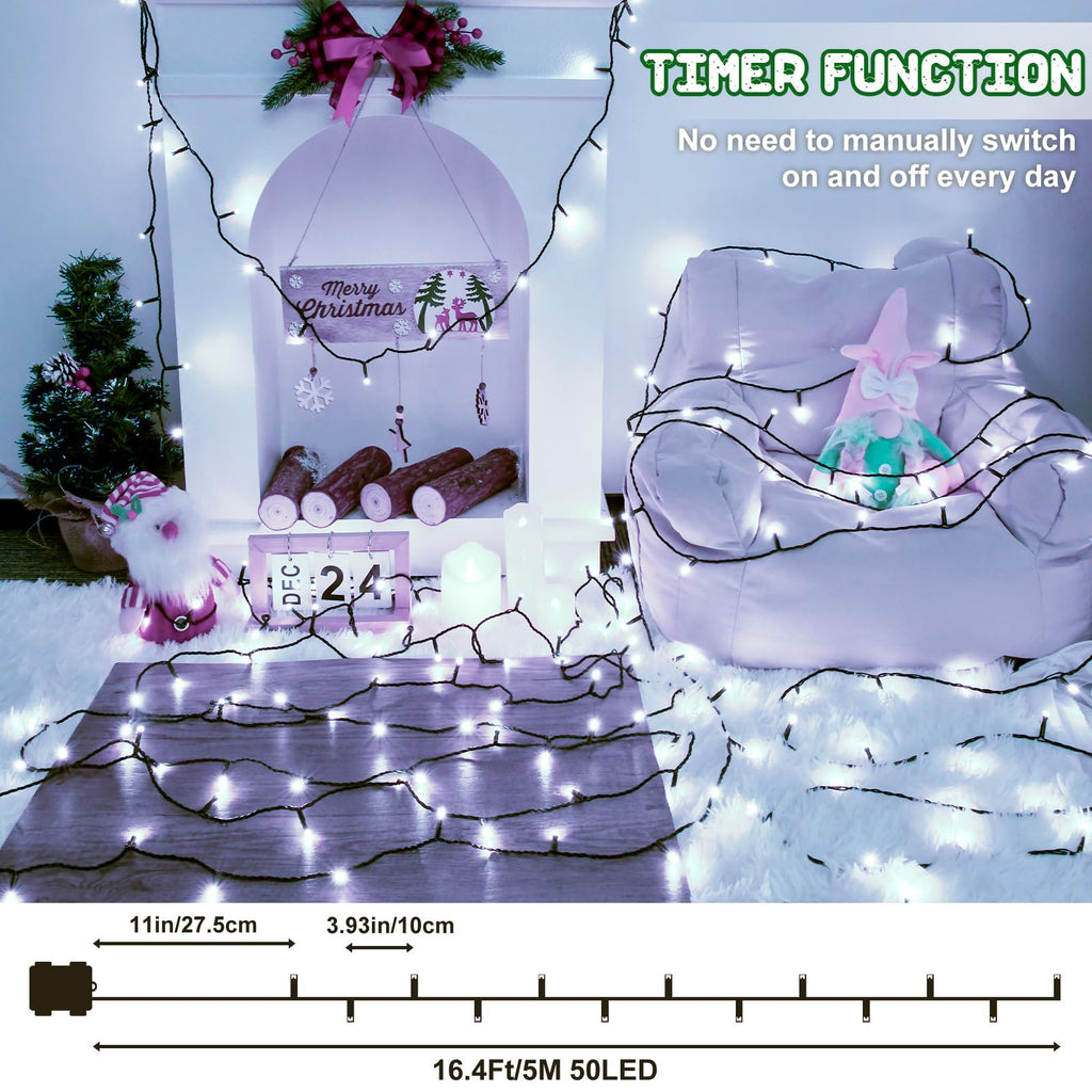 Christmas Lights Outdoor Battery Operated String Lights Total 100LED 33Ft with Timer 8 Modes 16.4Ft*2 Waterproof Outdoor Indoor for Christmas Decor, Warm White, 2-Pack