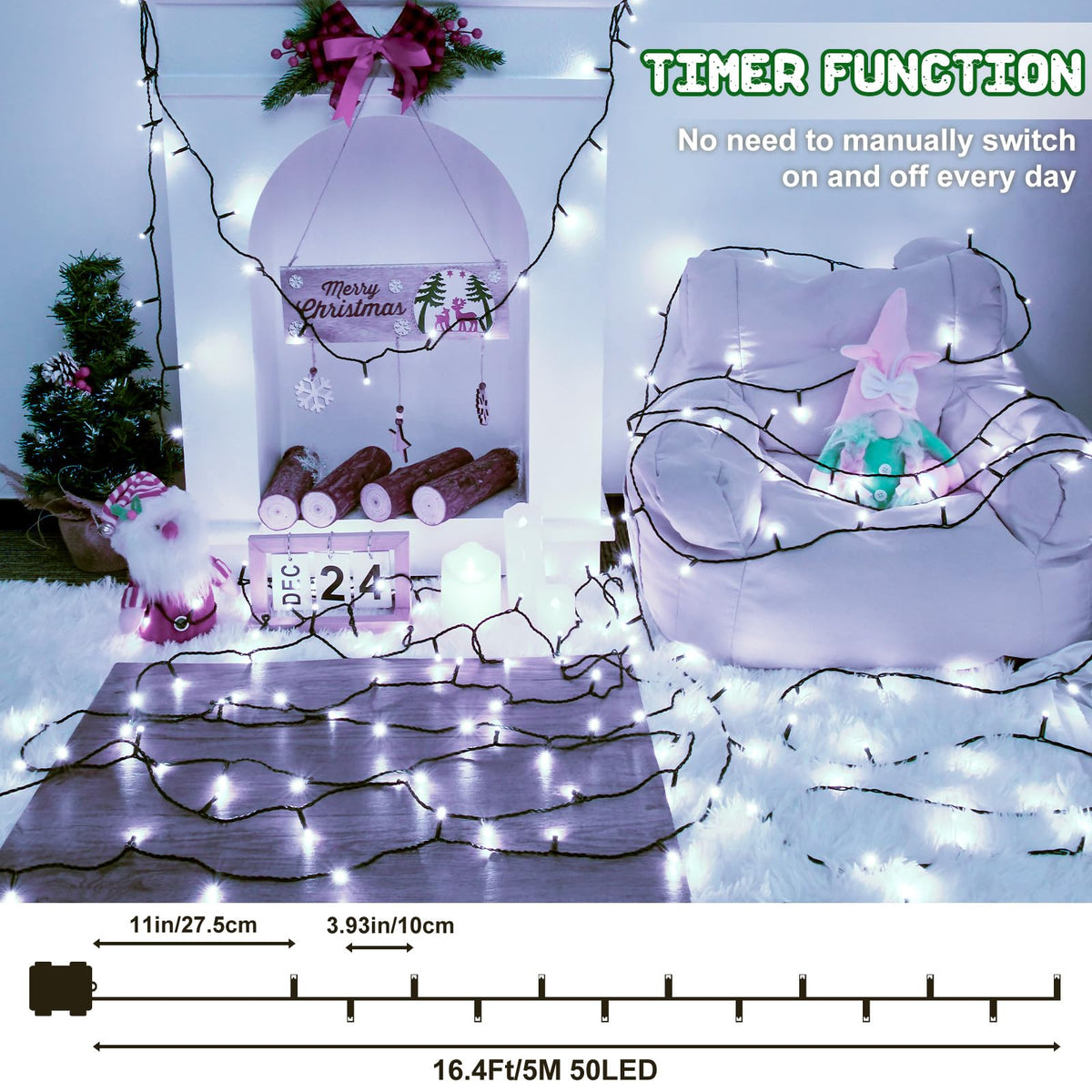 Christmas Lights Outdoor Battery Operated String Lights Total 100LED 33Ft with Timer 8 Modes 16.4Ft*2 Waterproof Outdoor Indoor for Christmas Decor, Warm White, 2-Pack
