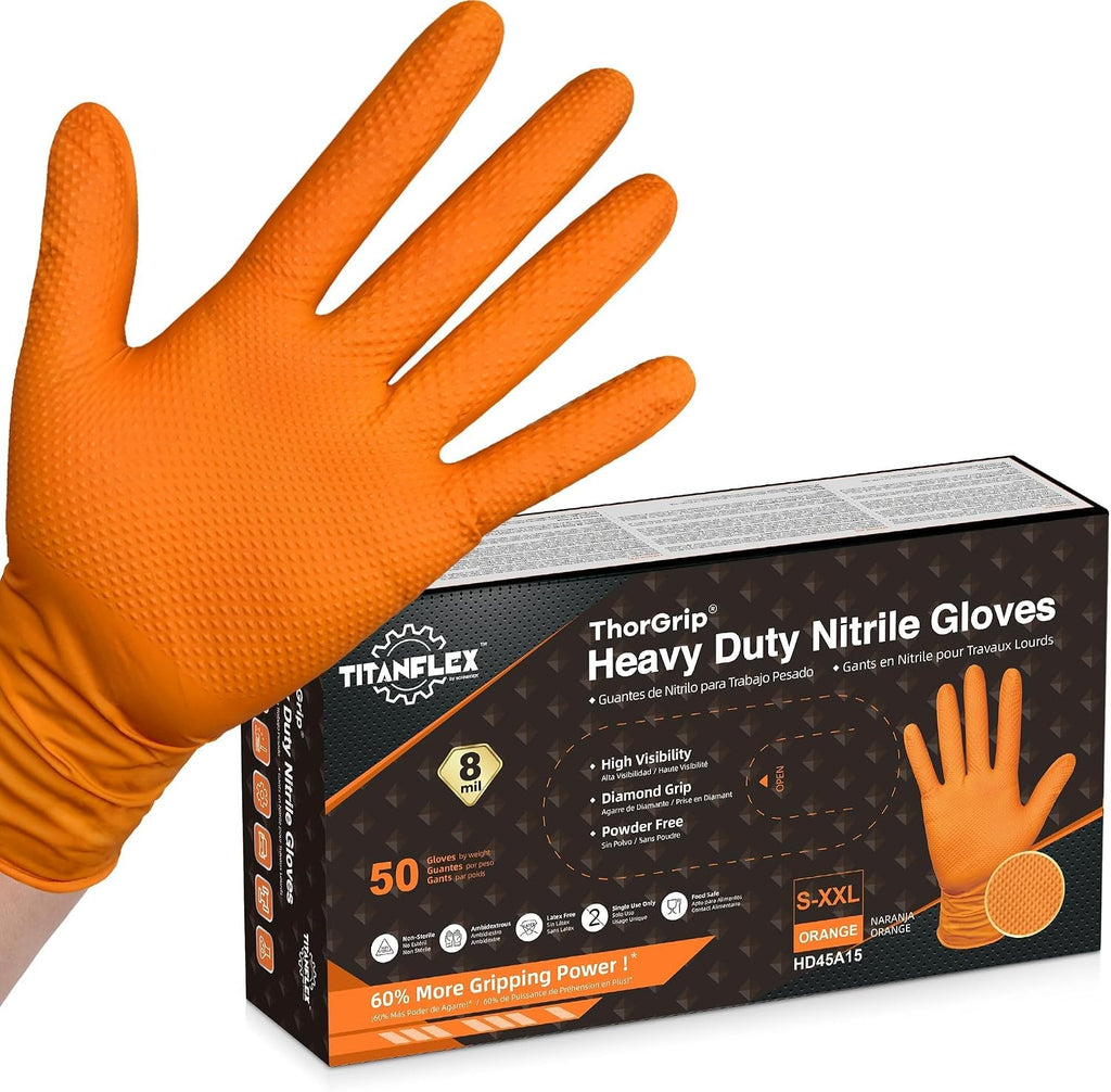 TitanFlex Heavy Duty Industrial Orange Nitrile Gloves, 8-mil, Gloves Disposable Latex Free with Raised Diamond Texture Grip, Powder Free, Rubber Glove, Mechanic Gloves,50-ct Box (Small)