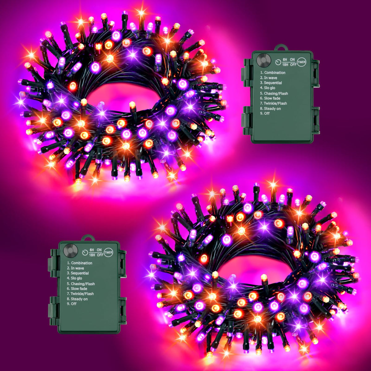 Christmas Lights Outdoor Battery Operated String Lights Total 100LED 33Ft with Timer 8 Modes 16.4Ft*2 Waterproof Outdoor Indoor for Christmas Decor, Warm White, 2-Pack