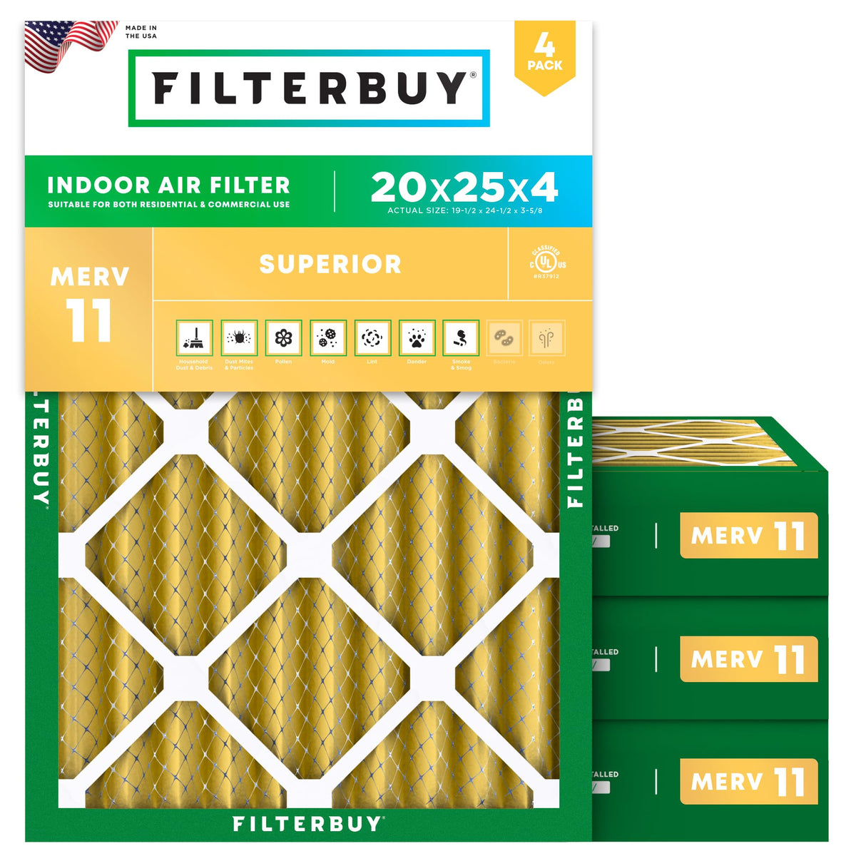 Filterbuy 16x20x1 Air Filter MERV 11 Pet & Allergy Defense (4-Pack)