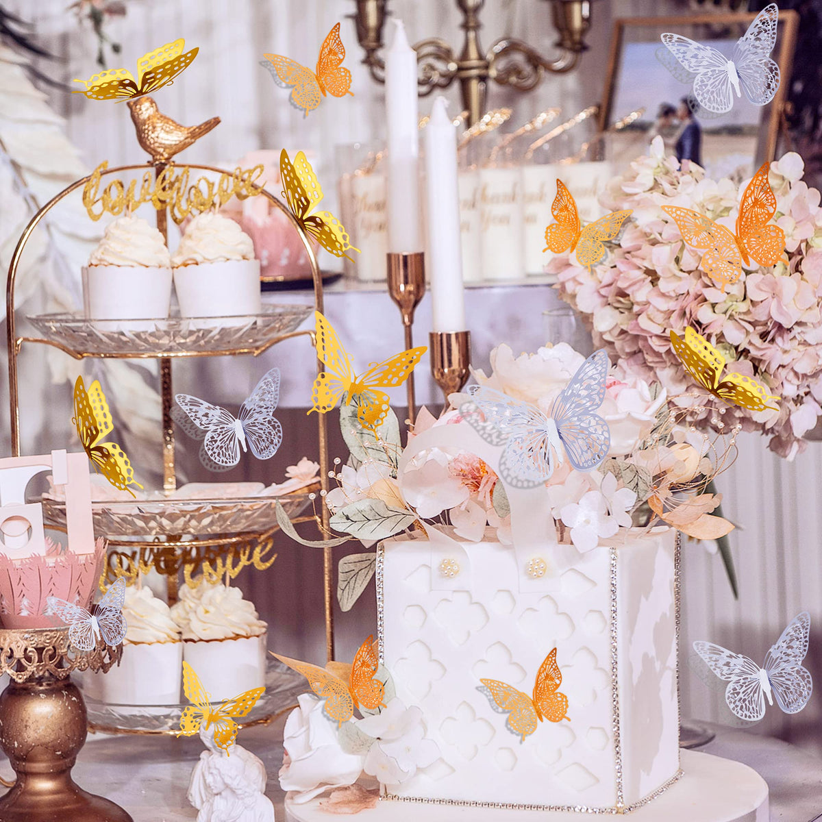 SAOROPEB 3D Butterfly Wall Decor 48 Pcs Gold Butterfly Birthday Decorations