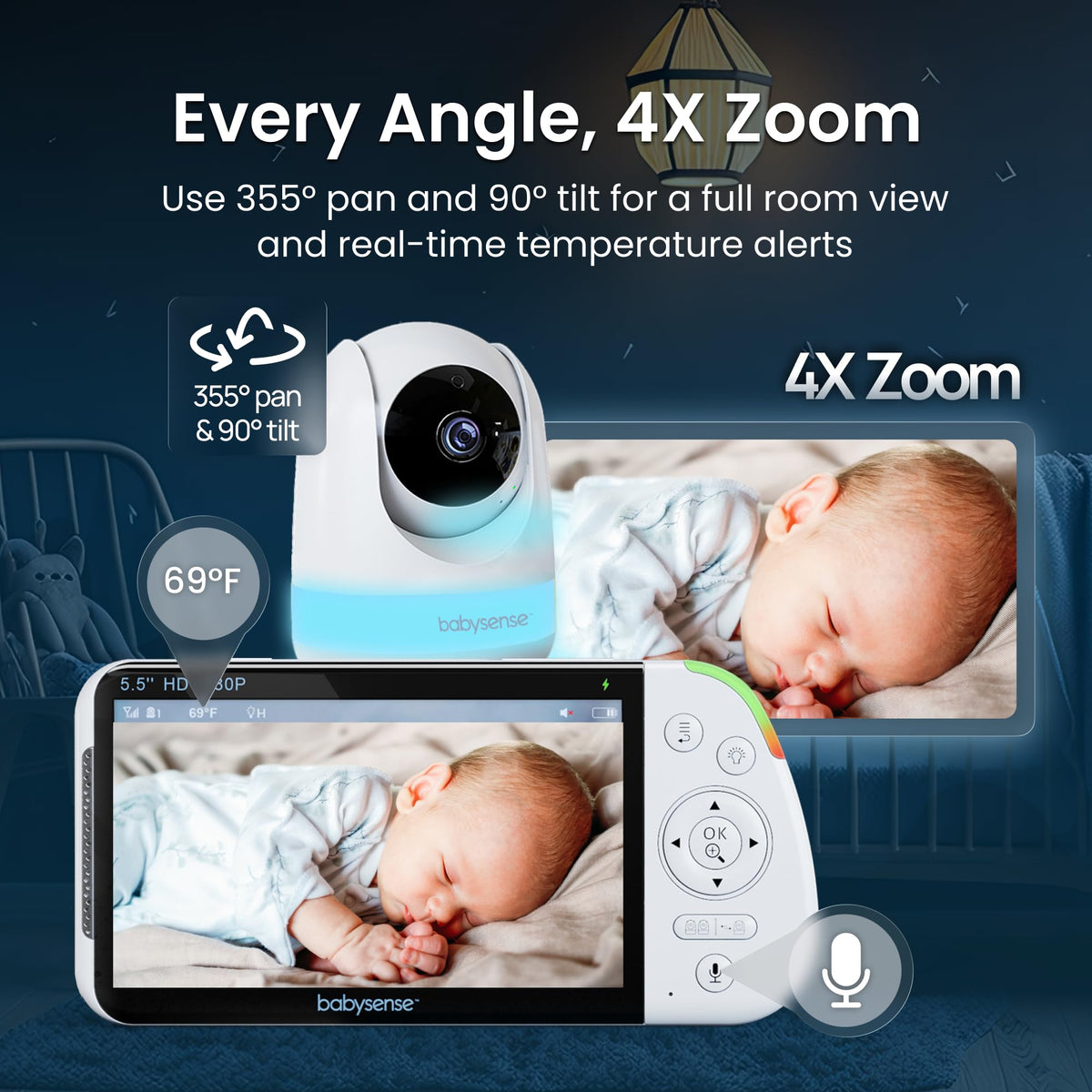 Babysense Prisma Baby Monitor with Camera and Night Vision, 5” HD Video Baby Monitor, 6-Color Night Light, Split Screen, Baby Sound Machine with White Noise & Lullabies, Secure No WiFi