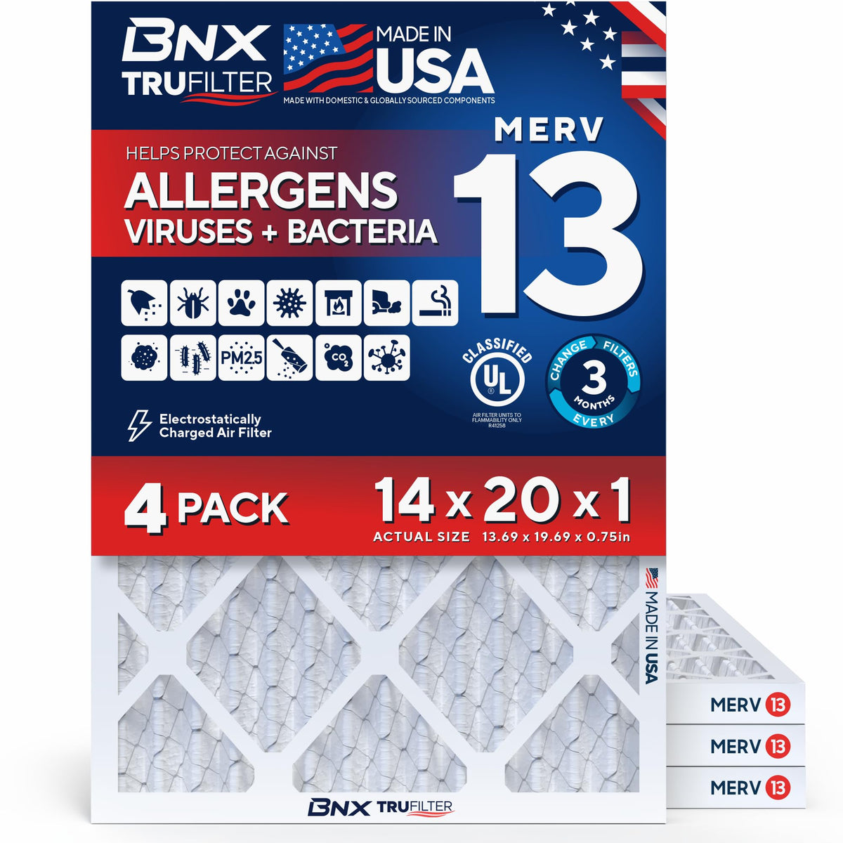 BNX TruFilter 20x20x1 Air Filter MERV 13 Smoke, Allergy, Pet Defense 6-Pack