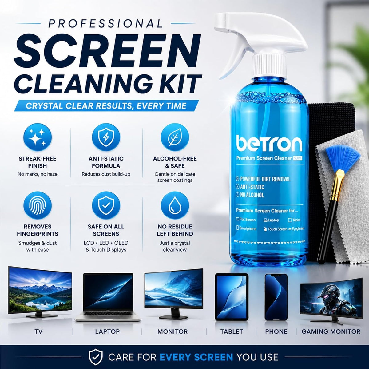Betron Screen Cleaner Spray Kit with Cloth for TV, Laptop, Monitor, 500ml