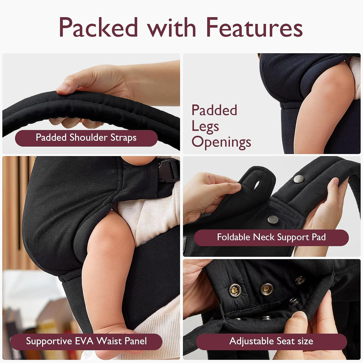 Momcozy Baby Carrier for 3-24M/3.2-20kg, Waist 64-127cm, Cotton Black