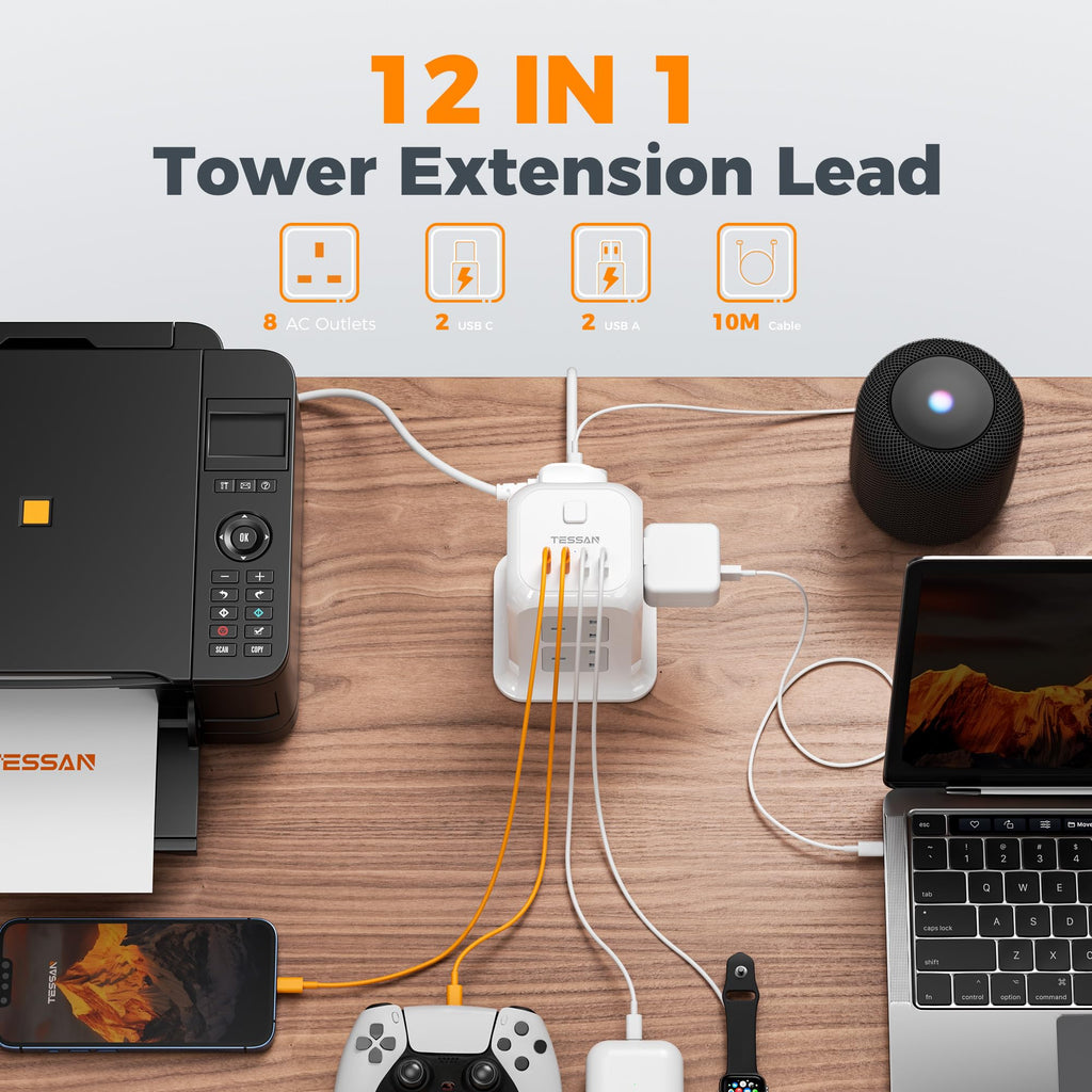 TESSAN 8 Way Tower Extension Lead 2M with 4 USB Slots (2 USB C)