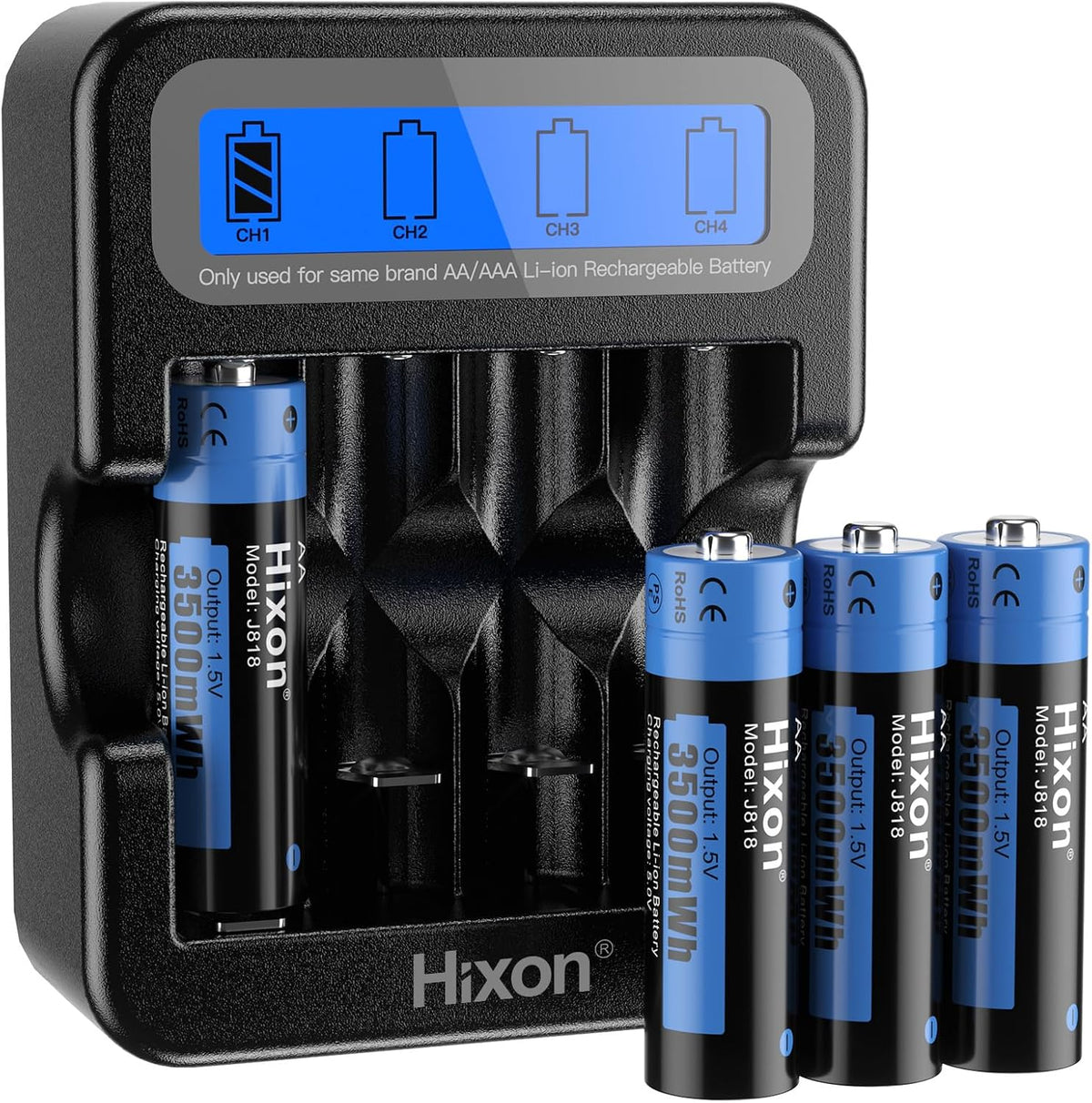 Hixon AA Rechargeable 1.5V Lithium Battery 4 Pack with LCD Charger, 3A High Current Output,3500mWh High Capacity, Constant Output,1600 Cycles,Long Lasting