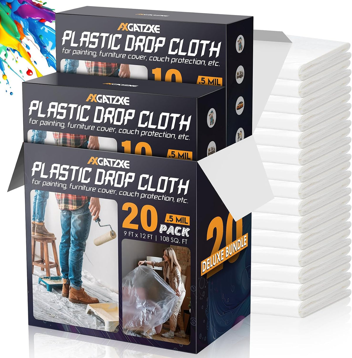 Axgatoxe 12 x 9 Ft Plastic Drop Cloths for Painting (10-Pack)