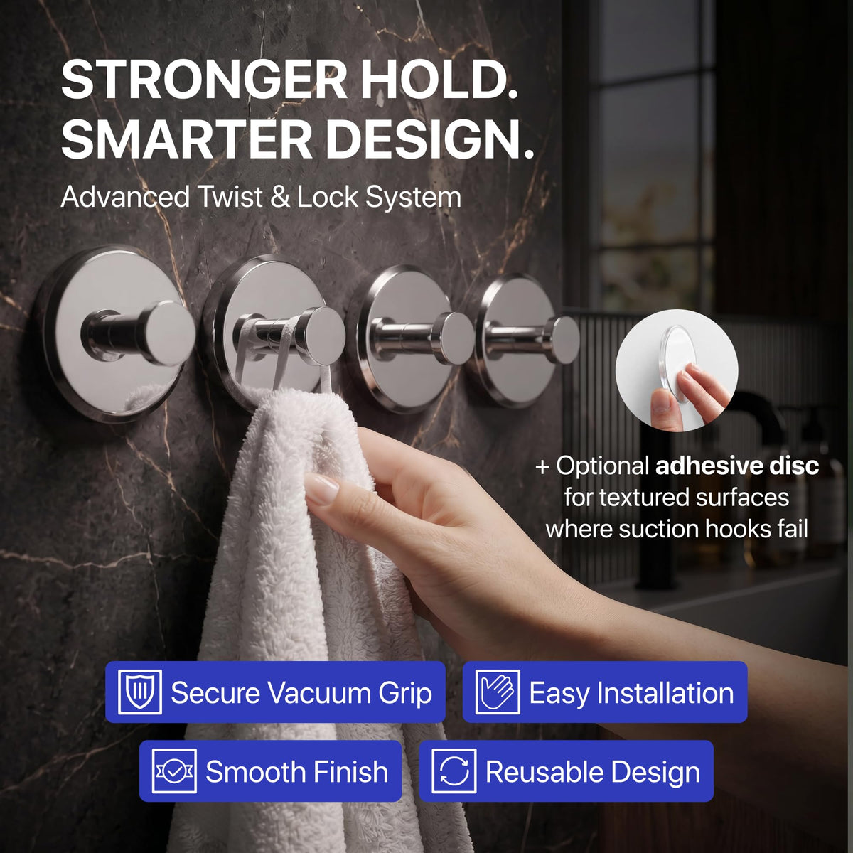 HOME SO Suction Cup Hooks for Shower & Bathroom Towel Holder 2-Pack Black
