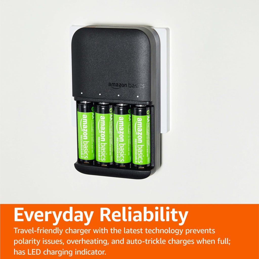 Amazon Basics Battery Charger for Rechargeable AA and AAA NiMh Batteries – UK Plug, 4-Bay, Black