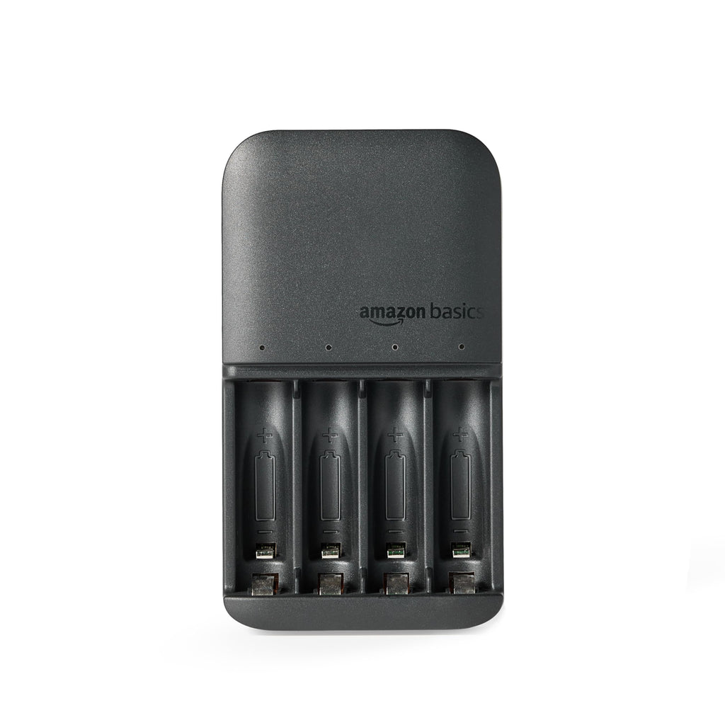 Amazon Basics Battery Charger for Rechargeable AA and AAA NiMh Batteries – UK Plug, 4-Bay, Black