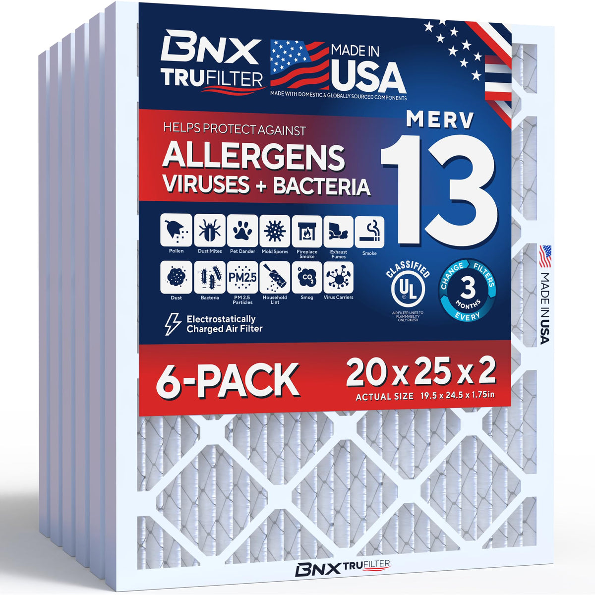 BNX TruFilter 20x20x1 Air Filter MERV 13 Smoke, Allergy, Pet Defense 6-Pack
