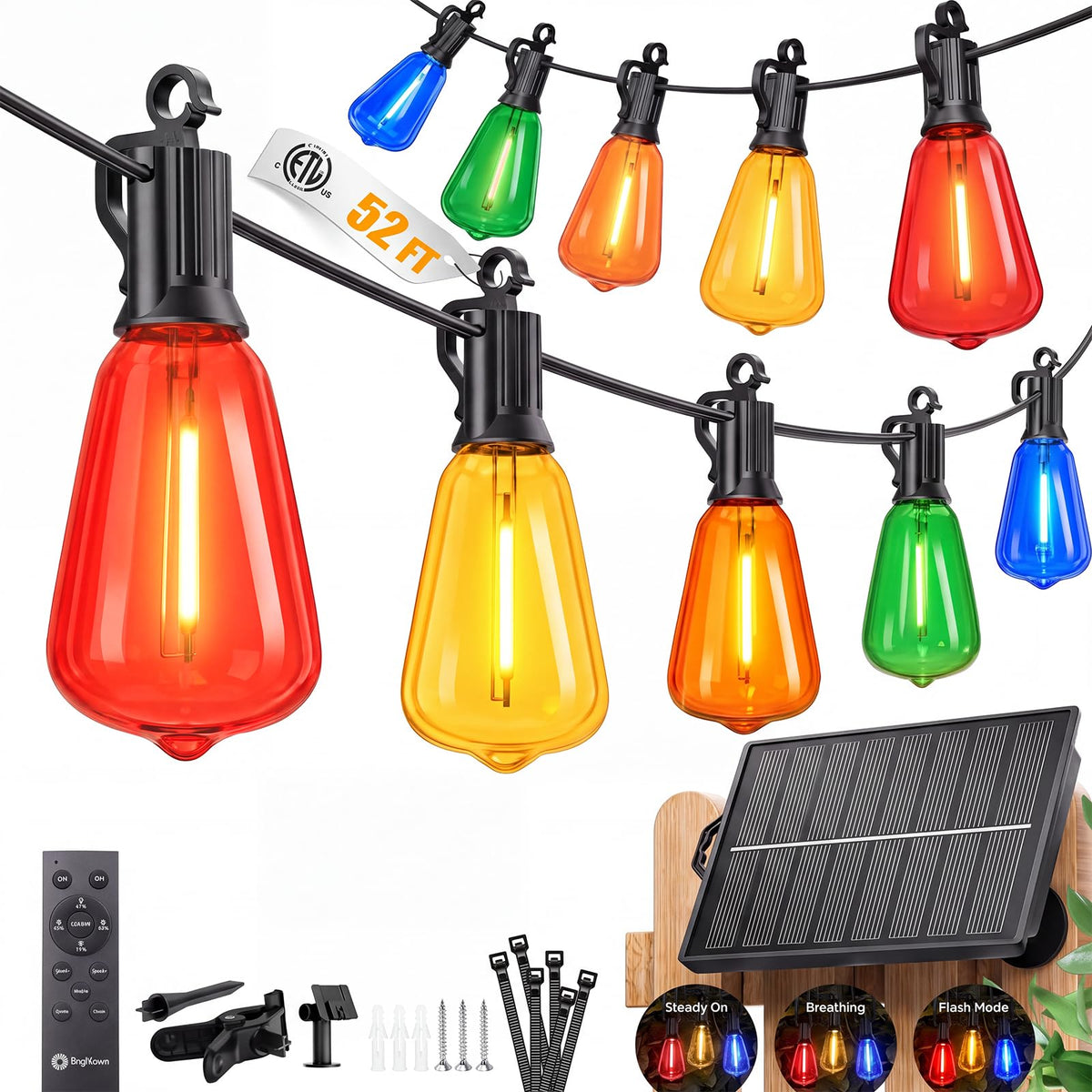 Brightown 52FT Solar String Lights Outdoor Waterproof, Last 30+ Hrs Runtime