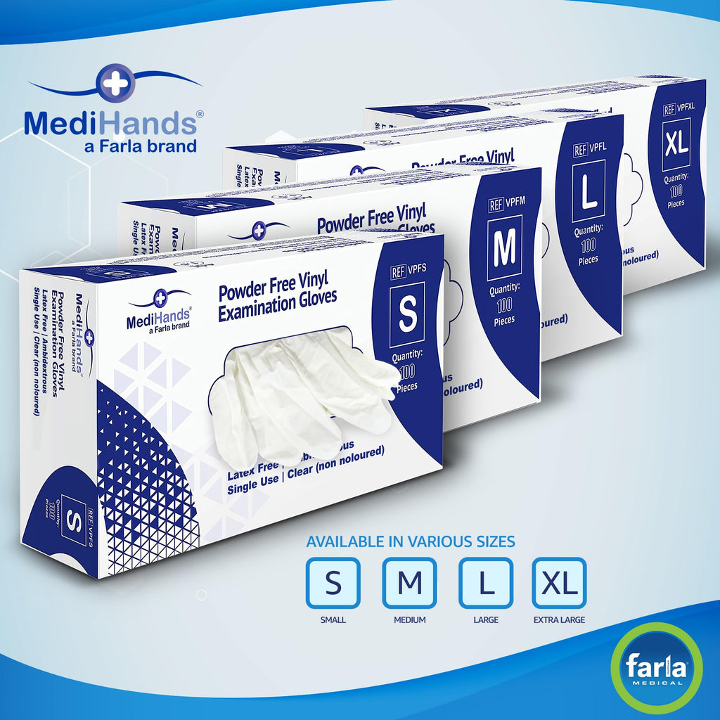 MediHands Clear Vinyl Powder Free Gloves | Food Safe | Disposable | Latex Free | Medium - Pack of 100