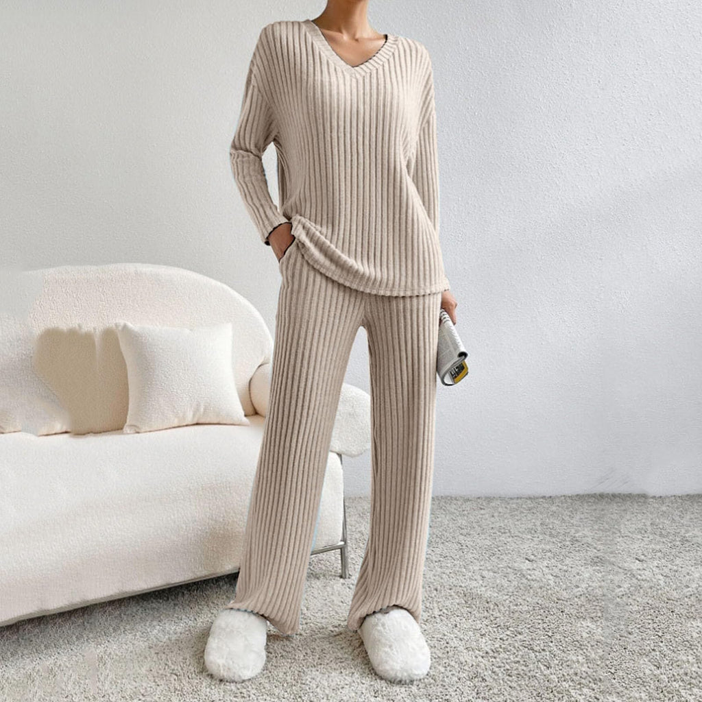 Lounge Wear Sets For Women Uk, Womens Pyjamas Set Long, Ladies Ribbed Loungewear Knit Outfits Womens Tracksuits 2 Piece Set V Neck Casual Casual Homewear
