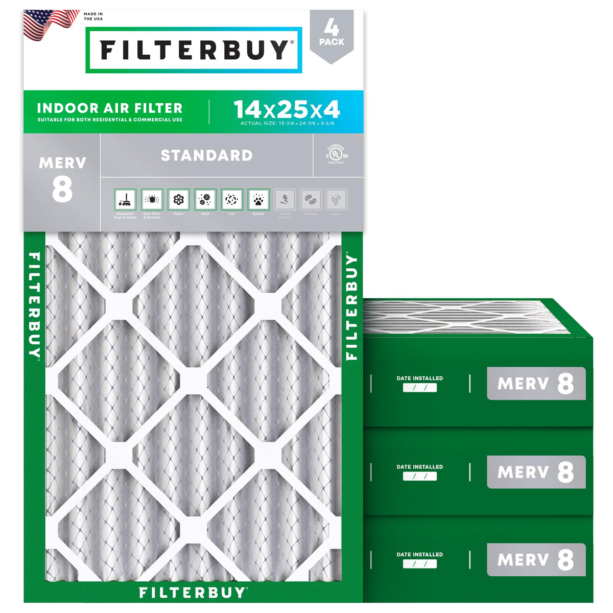 Filterbuy 20x20x1 Air Filter MERV 8 Dust & Allergy Defense (4-Pack)