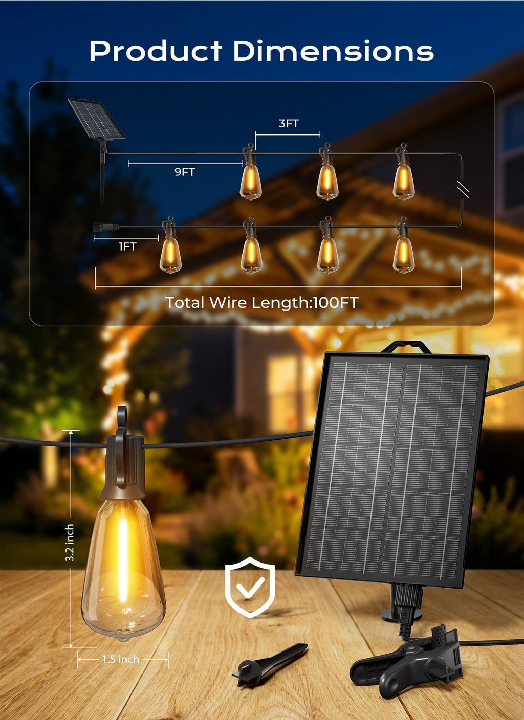Brightown 52FT Solar String Lights Outdoor Waterproof, Last 30+ Hrs Runtime