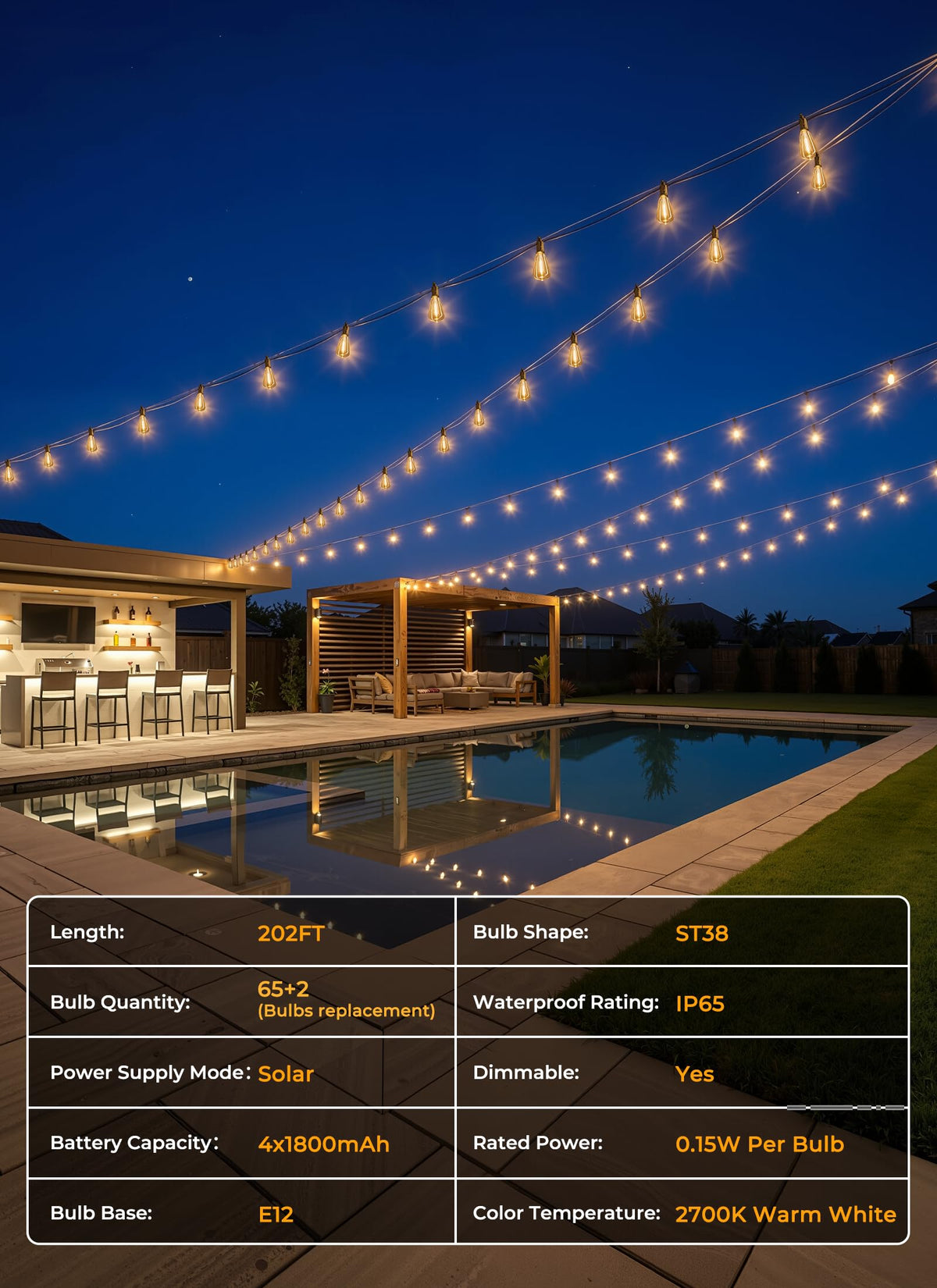 Brightown 52FT Solar String Lights Outdoor Waterproof, Last 30+ Hrs Runtime