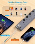Black Extension Lead with 4 USB Slots(2 USB C), 4 Way Plug Extension Socket