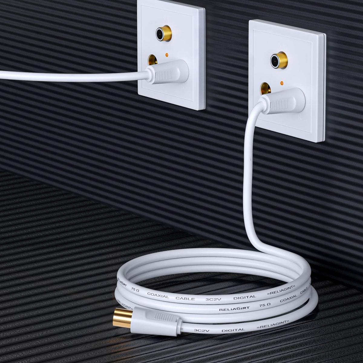 TV Aerial Cable 10m, 75 Ohm Coaxial Lead, IEC 9.5mm Male to Male 3C2V Pure Copper Dual Shielded, Right-Angle Connector, Female to Female Adaptor Included, Black
