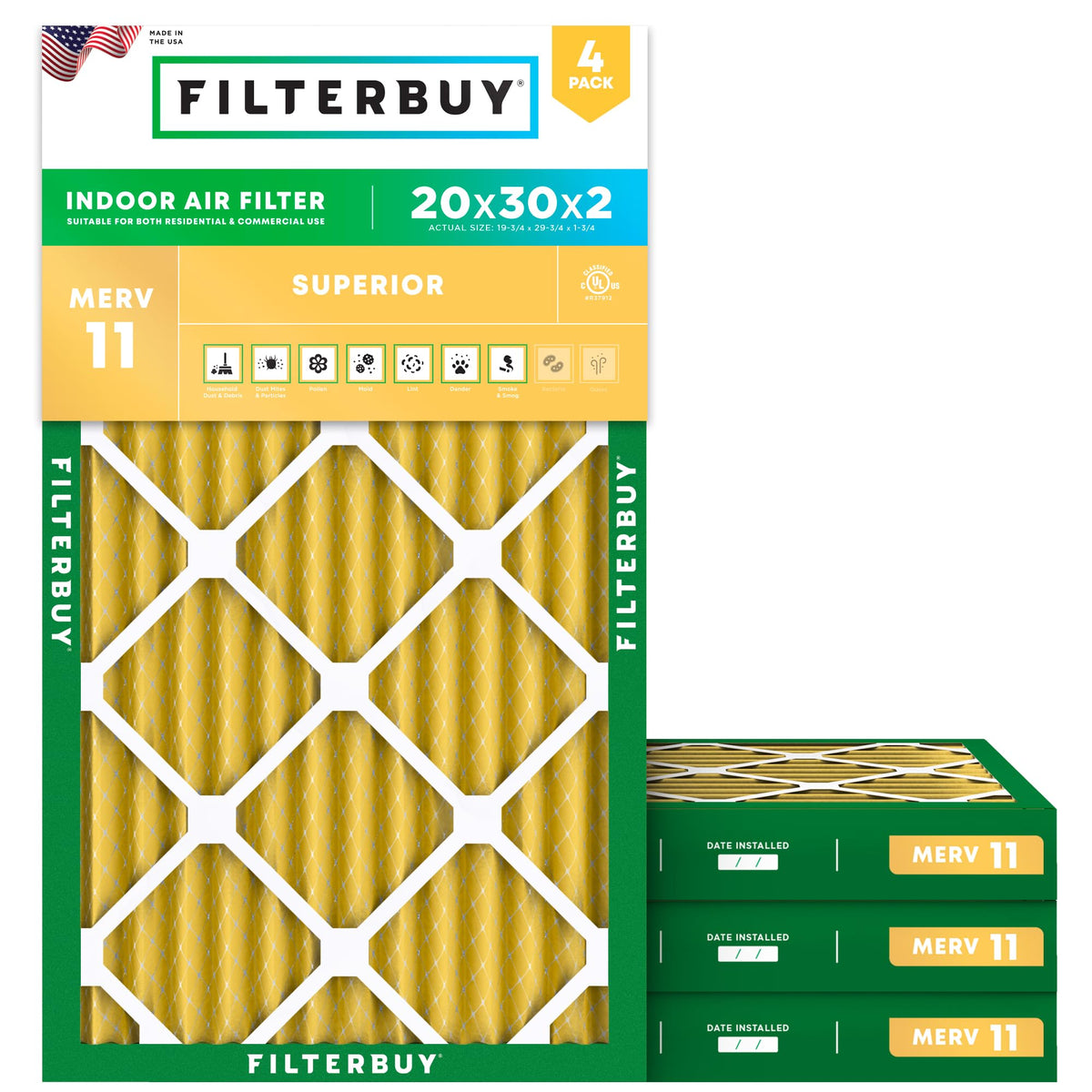 Filterbuy 16x20x1 Air Filter MERV 11 Pet & Allergy Defense (4-Pack)